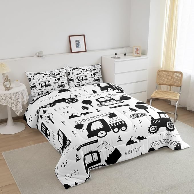 Feelyou Construction Bedding Set Queen Size Equipment Trucks Comforter Set for Kids Boys Girls Decor Cartoon Car Excavator Tractor Comforter Black White Duvet Set Bedroom Quilt Set