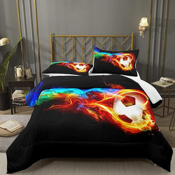 Bodhi Soccer Comforter Set Queen Size,Fire Sports Comforter Set for Boys,Football Bedding Queen,Teen Boy Bedding Set with Matching Pillowcases,Kids Comforter Set Queen