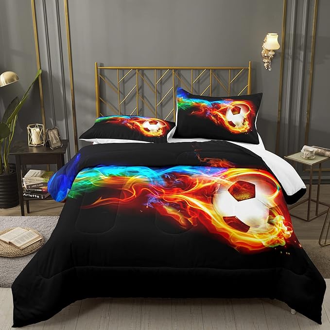 Bodhi Soccer Comforter Set Queen Size,Fire Sports Comforter Set for Boys,Football Bedding Queen,Teen Boy Bedding Set with Matching Pillowcases,Kids Comforter Set Queen