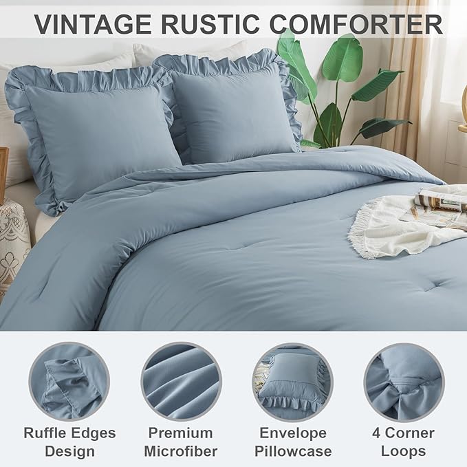 Andency Grayish Blue Twin Size Comforter(66x90Inch), 2 Pieces(1 Ruffle Comforter and 1 Pillowcase) Solid Farmhouse Shabby Chic Comforter, Lightweight and Soft Microfiber Bedding Set for All Season