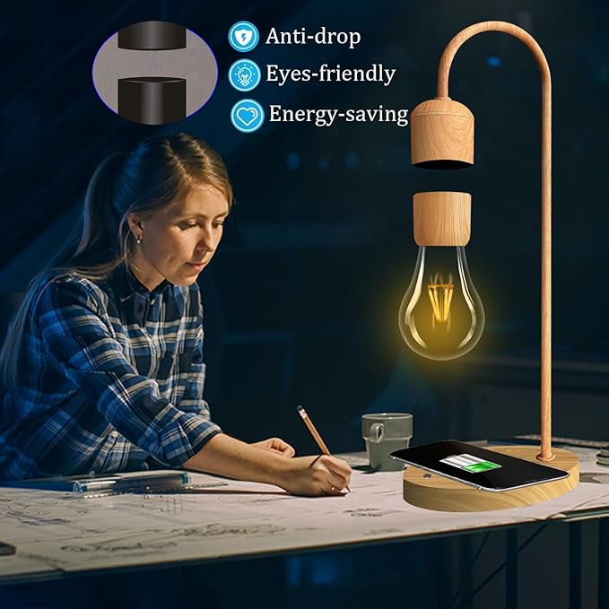 Magnetic Levitating Lamp with Wireless Phone Charging Pad Floating Light Bulb LED Night Light Wood Grain Table Lamp Levitation Desk Lamp for Office Home Decoration Christmas Gift