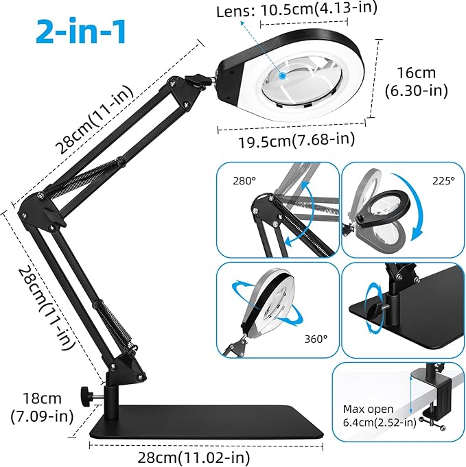 Magnifying Glass with Light and Stand & Desk Clamp, 4.2'' 5X Magnifier Lamp, 5-Color Dimmable LED, Swing Arm Magnifying Desk Lamp for Close Work, Crafting, Workbench & Reading - Rectangle Base