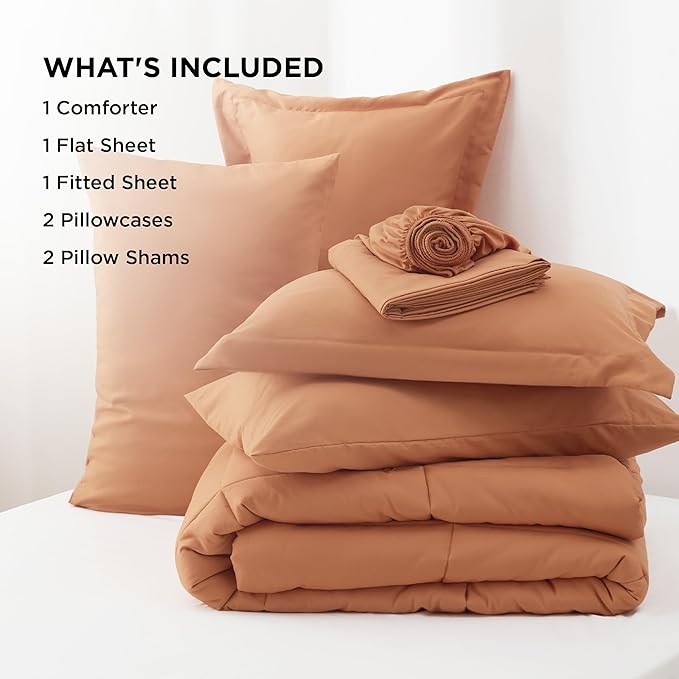 Bedsure Burnt Orange Full Size Comforter Set - 7 Pieces Solid Full Bed in a Bag, Full Bed Set Burnt Orange with Quilted Warm Fluffy Comforters, Sheets, Pillowcases & Shams