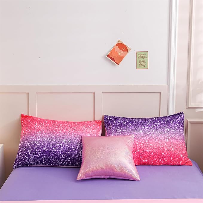 A Nice Night Girls Comforter Set Full 6 Piece Bed in A Bag 3D Colorful Sparkle Galaxy Rainbow Bedding Comforter Sheet Sets for Kids,RedPurple