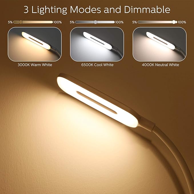 Consciot LED Desk Lamp with Wireless Charger, USB Charging Port, 3 Lighting Modes, Dimmable Space-Saving Table Lights with 360°Adjustable Gooseneck for Bedroom Nightstand Bedside Office Study, White