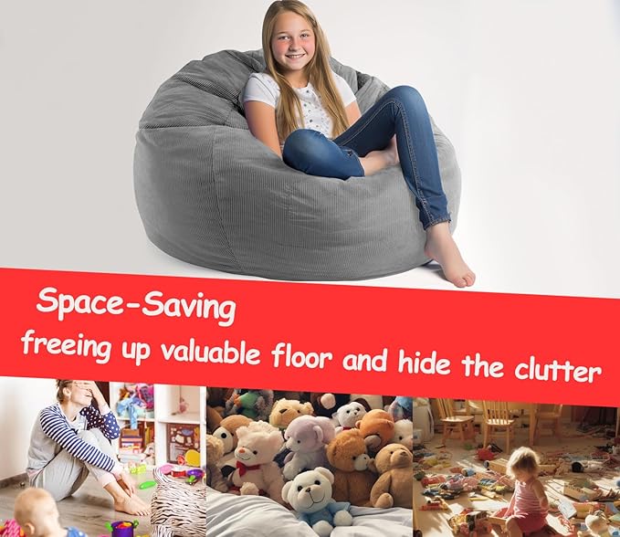 Stuffed Animal Storage Bean Bag Chair Cover (No Filler) Organizing Children's Plush Toys for Kids and Adults Keep your Memory Foam More Organized Gray
