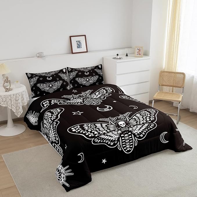 Feelyou Boys Boho Moth Comforter Set Twin Size Men Gothic Skull Bedding Set for Girls Women Bedroom Decor Bohemian Moon Star Comforter Personalized Moth Skull Skeleton Bones Duvet Set Teens Quilt Set