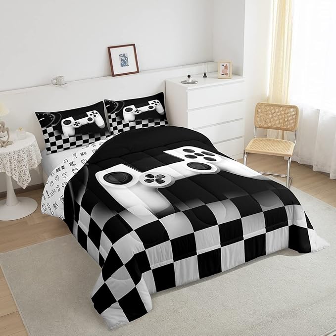 Gampad Comforter Set Queen Size,Gamer Lover Bedding Set Gift for Boys Youth,Video Game Reversible Quilted Duvet Soft Warm Game Room Decor,Black Buffalo Plaid Check Duvet Insert + 2 Pillowcases