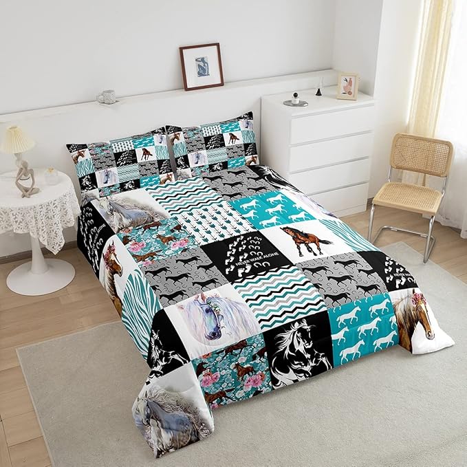 Horse Bedding,Western Farmhouse Horse Comforter Set For Girls Twin Bed,Boho Arrow Teal Zebra Stripe Comforter For Kids Boys Women,Rose Flower Rustic Cowboy Quilt Duvet sets 1 Pillowcases Black White
