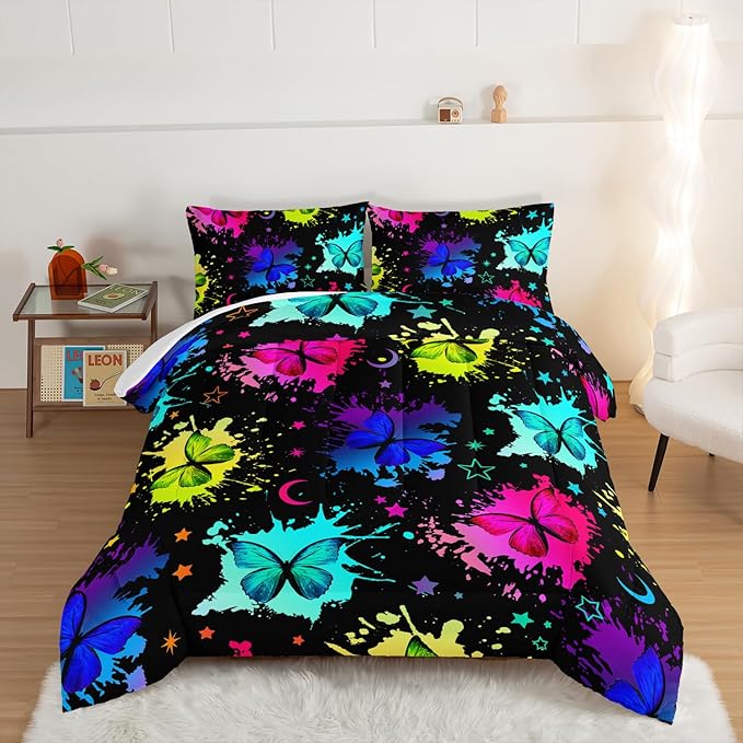 HOSIMA Colorful Butterfly Comforter Set for College Girls and Boys,3Pcs Bedding Set Colorful Ink Print Comforter with 2 Pillowcases,Star Moon Black King Size Comforter Set for All Seasons.