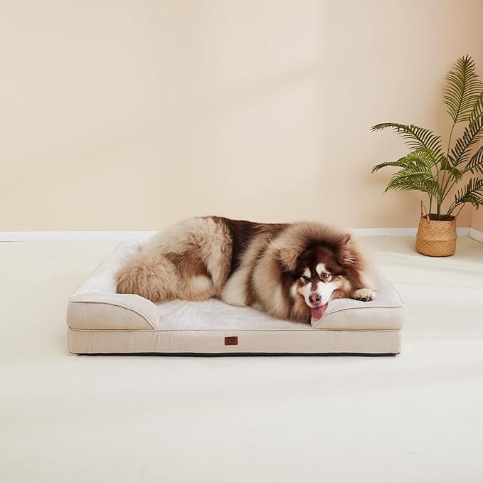 EHEYCIGA Orthopedic Dog Beds for Large Dogs, Waterproof Memory Foam Large Dog Bed with Sides, Non-Slip Bottom and Egg-Crate Foam Large Dog Couch Bed with Washable Removable Cover, Beige