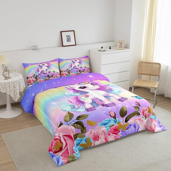 Cute Unicorn Kids Comforter Set Full Size,Rainbow Starry Sky Roses Dreamy Bedding Set,Girls Women Room Decor,Cartoon Animals Flowers Down Comforter,Pink Purple Unique Duvet Insert,2 Pillowcases