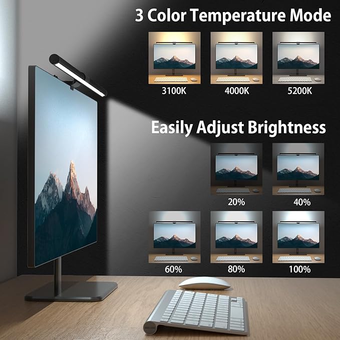 OOWOLF 20.1inch Monitor Light Bar with Backlight, Eye-Caring Computer Light, Screen Light Bar, CRI≥95 Desk Lamp, Dual Light, Filter Blue-Light,3-Color Mode, Memory Dimming, for E-Reading Home Office