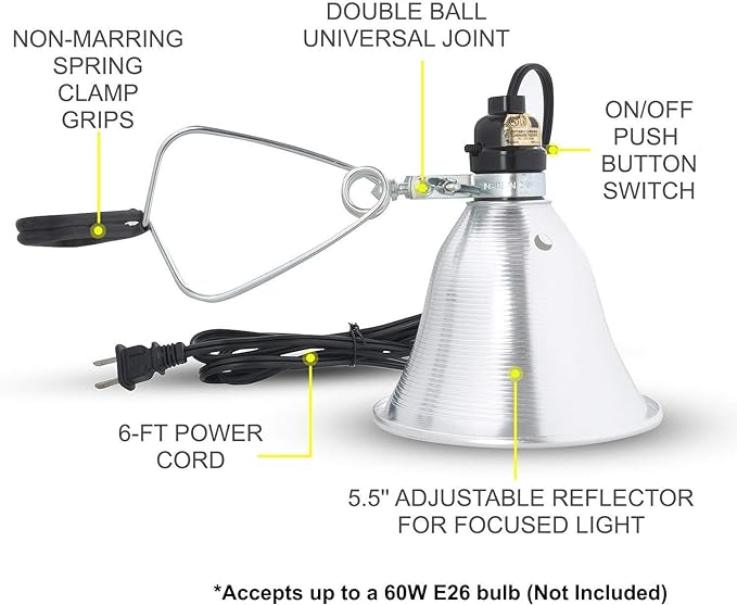 Simple Deluxe Clamp Lamp Light 60 Watt with 5.5 Inch Aluminum Reflector (no Bulb Included), 6 Feet Cord, 1 Pack, Black