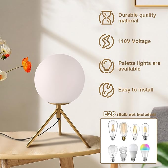 Mid century modern desk lamp with a golden base and white glass ball lampshade, suitable for 3 tone lighting in bedside bedrooms, living rooms, offices, libraries, and study rooms