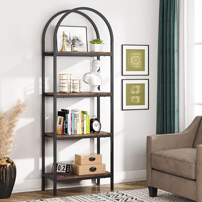 Tribesigns 4-Tier Open Bookshelf, 70.8" Industrial Arched Bookcase Storage Shelves with Metal Frame, Freestanding Display Rack Tall Shelving Unit for Office, Bedroom (Rustic Brown, 1PC)