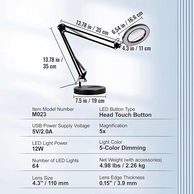 VEVOR 5X Magnifying Glass with Light and Stand, 【Upgraded】 5 Color Modes Stepless Dimmable, 4.3" Glass Lens Magnifier Desk lamp, 2-in-1 Magnifying Light and Stand for Crafts, Reading, Close Work