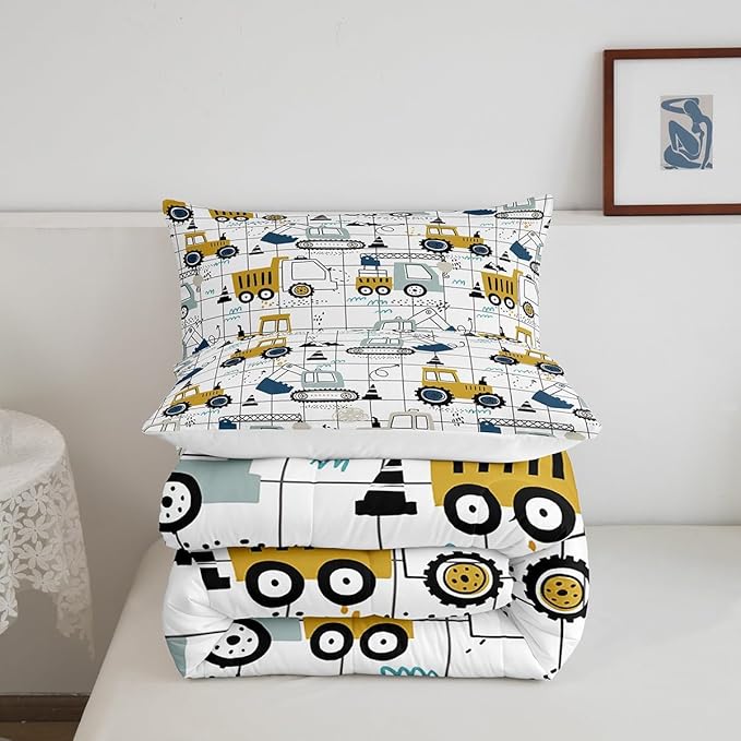 Construction Comforter Set Full Size Kids Excavator Tractor Toddler Comforter Cartoon Car Equipment Trucks Plaid Grid Comforter Set Construction Vehicles White Yellow Duvet Set