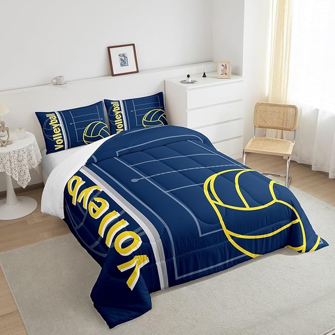 Feelyou Volleyball Bedding Set Twin Size Sports Game Comforter Set for Kids Boys Girls Decor Volleyball Player Comforter Microfiber Blue Yellow Duvet Set Bedroom Quilt Set