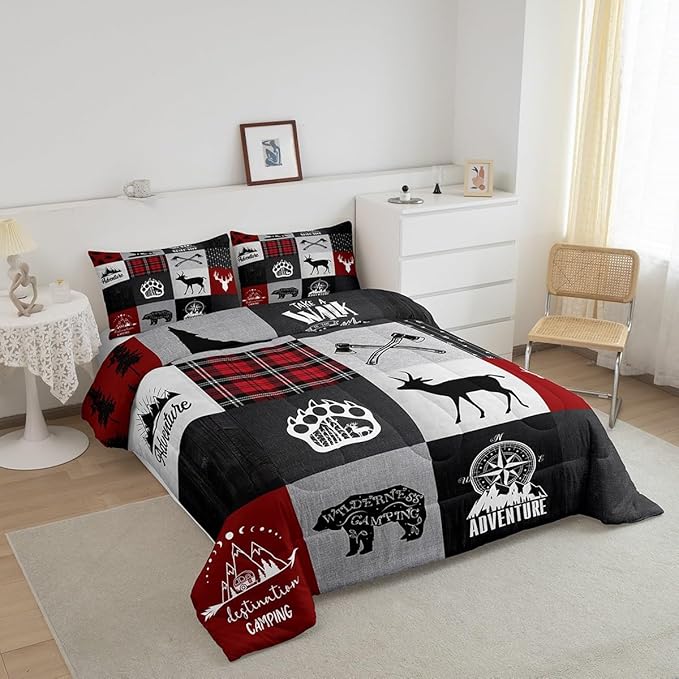 Deer Antler Bear Kids Comforter Set Full Size,Plaids Boho Arrows Patchwork Bedding Set for Boys Girls Adults Room Decor,Rustic Adventure Camper Down Comforter,Red Xmas Duvet Insert,2 Pillowcases