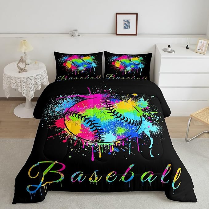 Feelyou Kids Baseball Comforter Set Queen Size Sports Game Bedding Set for Boys Girls Teens Bedroom Decor Baseball Gaming Comforter Women Men Tie Dye Duvet Set with 2 Pillow Case