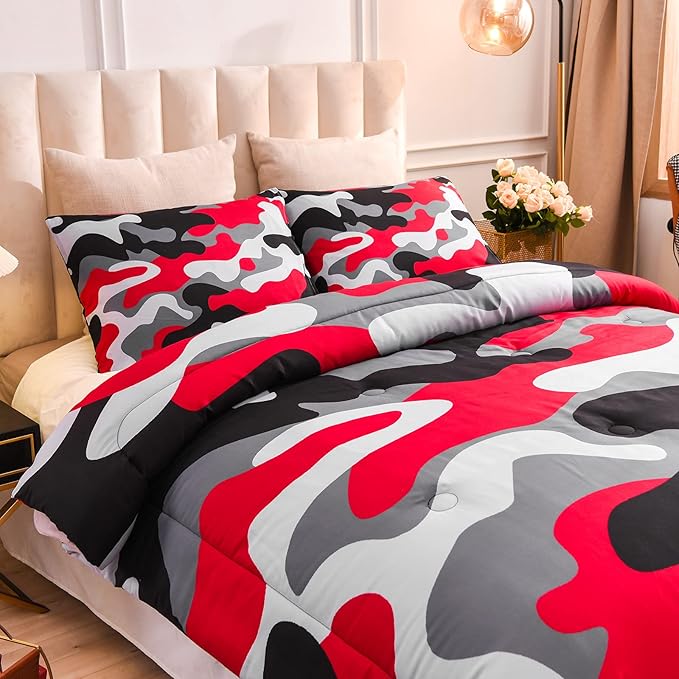 Meeting Story Camouflage Bedding Set, Colorful Pattern Style Comforter Set, 3 PCS One Comforter and Two Pillowcases in One Bag, All Season Bedspread for Kids Teens Adults (Black, Queen)