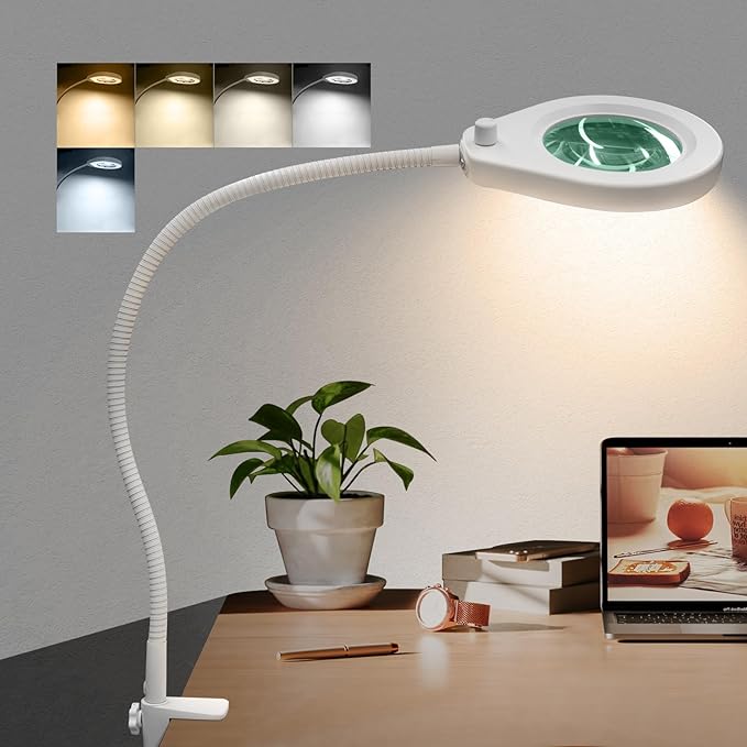 5X Magnifying Glass with Lights and Clamp, 4.2'' 5X Real Glass Magnifier Desk Lamp, w/Flexible Gooseneck Handsfree for Craft Workbench Hobby - New Rotary Switch Design