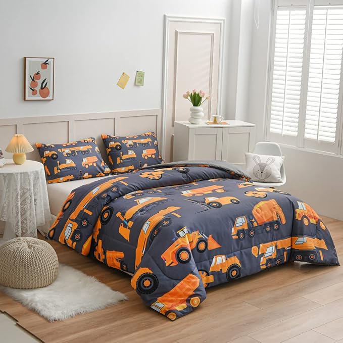 NTBED Construction Truck Comforter Set for Boys Kids Vehicles Excavator Cars Lightweight Microfiber Bedding Sets (Grey, Twin)