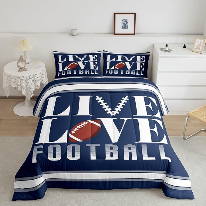 Feelyou Rugby Sports Bedding Set King Size Football Comforter Set for Kids Boys Girls Decor Soccer Ball Game Comforter Microfiber American Football Player Duvet Set Bedroom Quilt Set