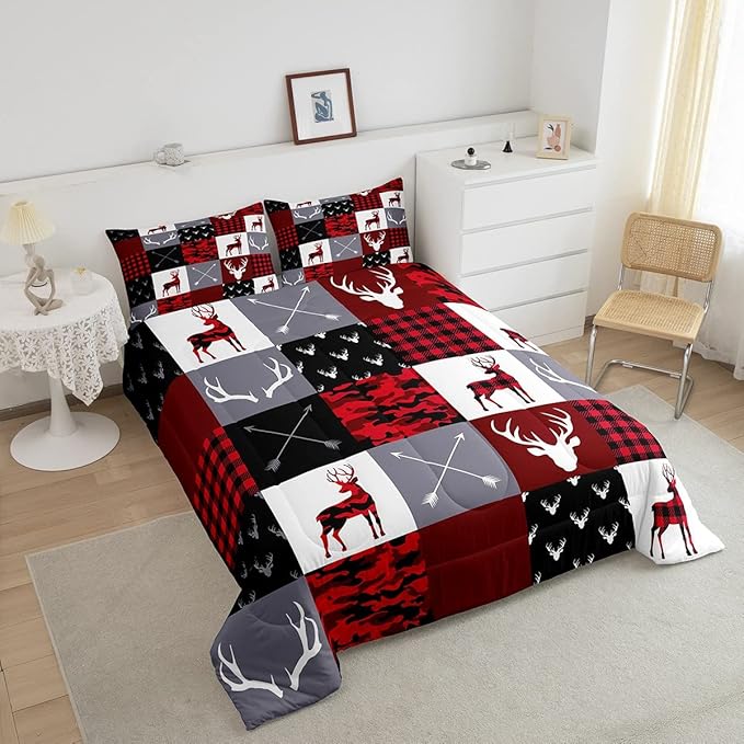 Deer Silhouette Comforter Set Twin Size,Antler Arrow Grid Stripe Design Bedding Duvet 2pcs for Kids Teens Adult Boys Girls Home Room Decoration, Camouflage Christmas Style Red Quilt Set