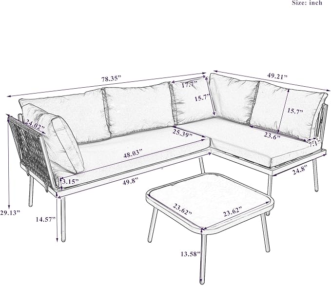 3-Piece Outdoor Furniture Set Rattan Sectional Sofa with Glass Table and Removable Cushions, All Weather PE Patio L-Shaped Couch Metal Frame, for Backyard, Poolside, Garden, Onesize, Gray