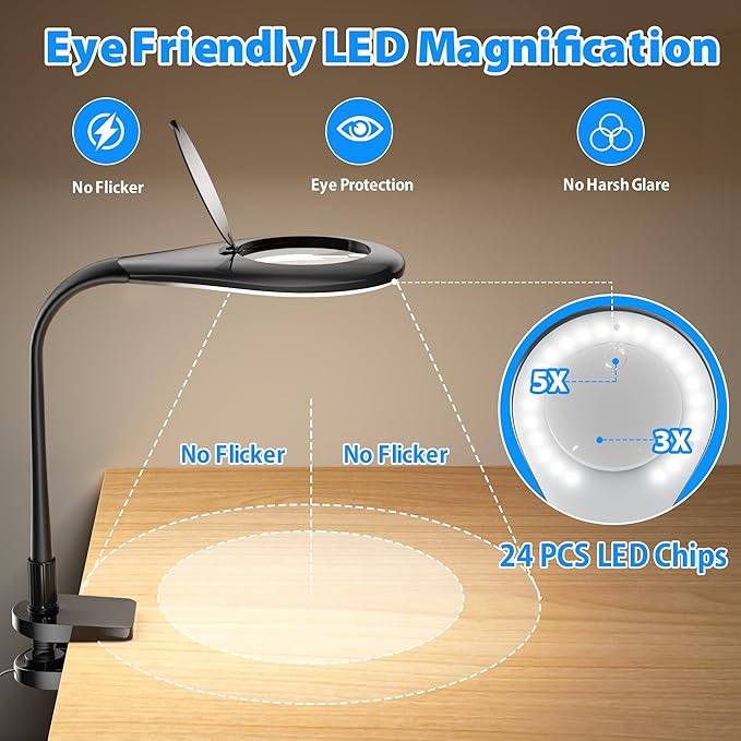 Magnifying Glass with Light, Flexible Gooseneck 3X&5X Glass Lens LED Magnifying Desk Lamp with Clamp, Hand Free Magnifying Lamp with Dust Cover for Reading, Painting, Craft, Repair