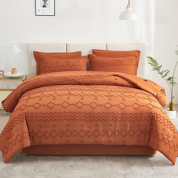 EMME Queen Comforter Set - 7 Pcs Pumpkin Boho Bedding Sets, Full Size Tufted Comforter with Sheets, Shabby Chic Embroidery Queen Bed Set Fluffy Bed Bag for All Season(90"X90")