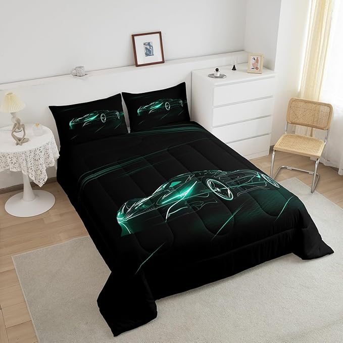 Feelyou Teal Race Car Bedding Set Queen Size for Kids Boys Extreme Sport Games Comforter Set Teens Toddler Fast and Furious Duvet Set Cool Modern Quilt Set 3Pcs