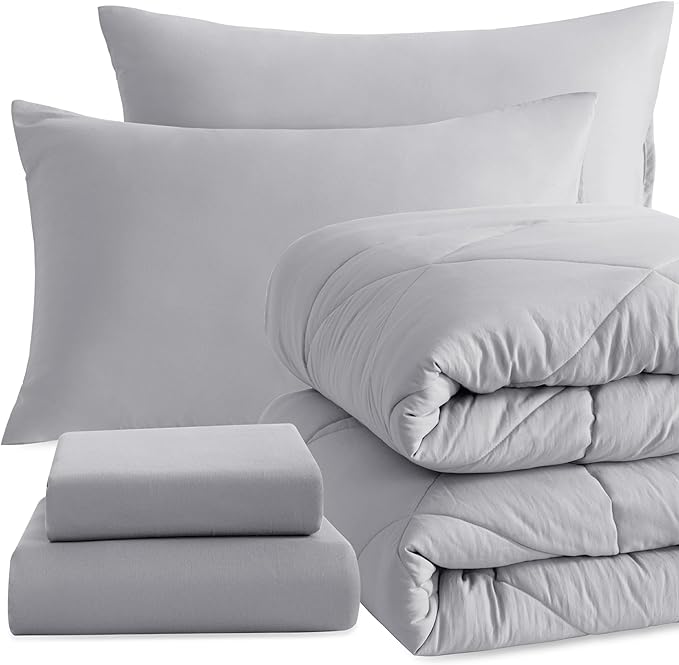 NTBAY Twin Comforter Set with Sheets, 5 Pieces Soft and Breathable Twin Bedding Set, Twin Bed in a Bag, Down Alternative Comforter Set Solid Color All Season, Kids Bedding Set, Light Grey