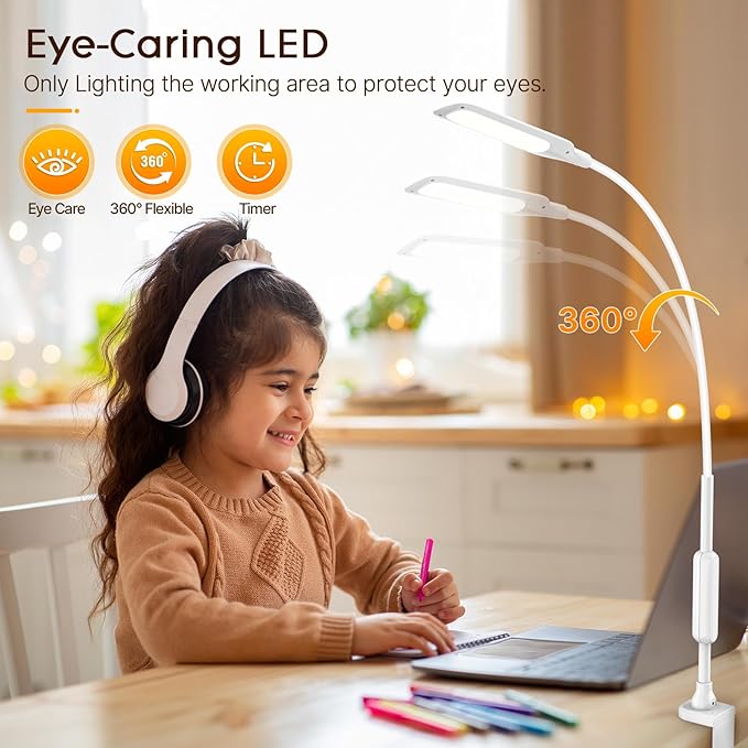 LED Desk Lamp with Clamp, Workbench Light, 10W Eye-Caring Desk Lights, 5 Brightness Levels with Remote Control, Flexible Gooseneck Task Lamp for Office Work Drawing Study Lamp (White)