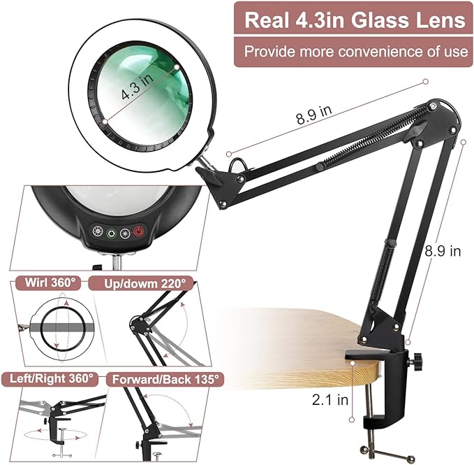 Veemagni 8X Magnifying Glass with Light, 5 Color Modes Stepless Dimmable, Adjustable Swing Arm LED Lighted Desk Lamp with Clamp, Hands Free Magnifier with Light and Stand for Craft Hobby Close Works