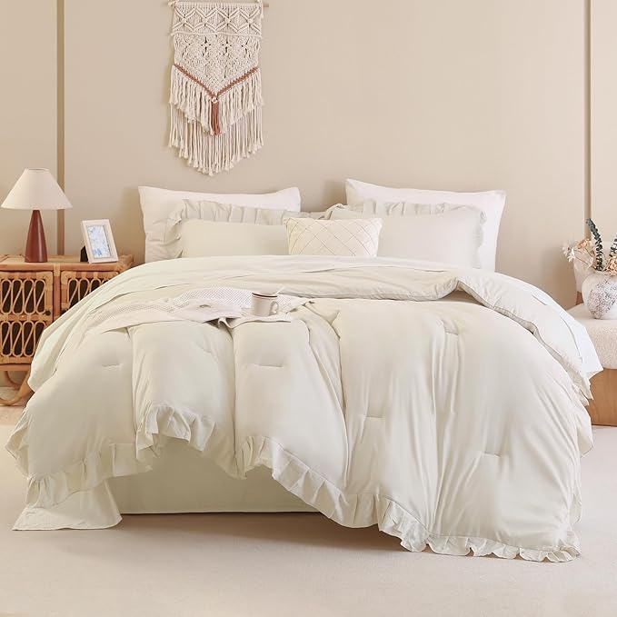 Andency Beige Comforter Set King, 3 Pieces Farmhouse Shabby Chic Ruffle Comforter, Lightweight Fluffy Soft Microfiber All Season Solid Bed Comforter Set (1 Ruffle Comforter & 2 Pillowcases)