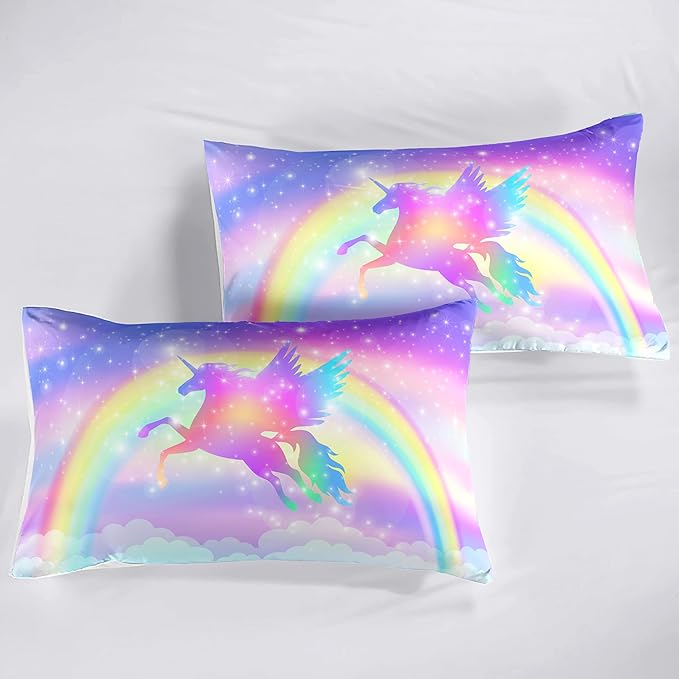 Kids Comforter Bedding Set 3 Pieces Super Soft Breathable Print Kids Bedding Sets for Girls, Machine Washable Durable Comforter Set with Comforter, 2 Pillowcases Rainbow(Twin, Purple Unicorn)