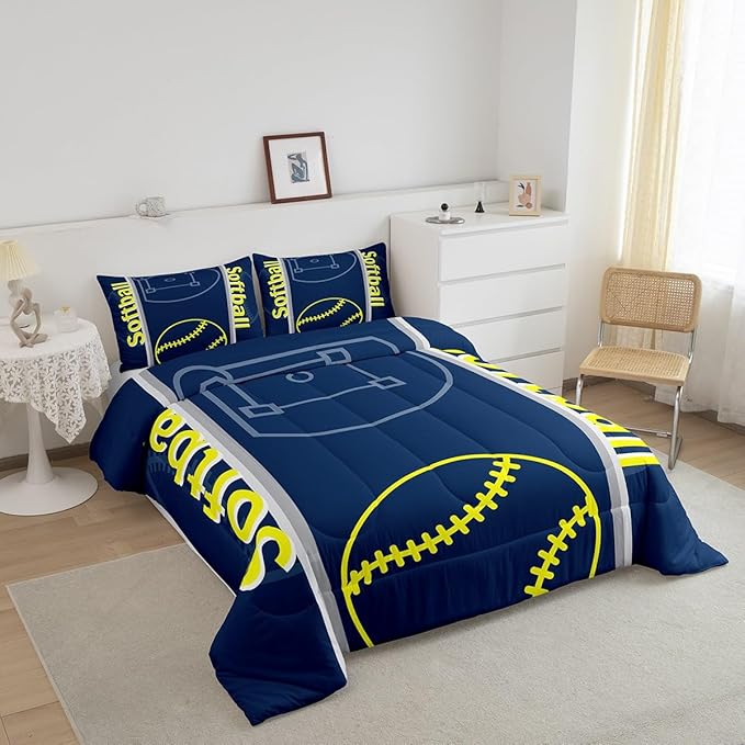 Feelyou Kids Softball Comforter Set Queen Size Sports Game Bedding Set for Boys Girls Teens Bedroom Decor Baseball Comforter Softball Gaming Theme Duvet Set with 2 Pillow Case