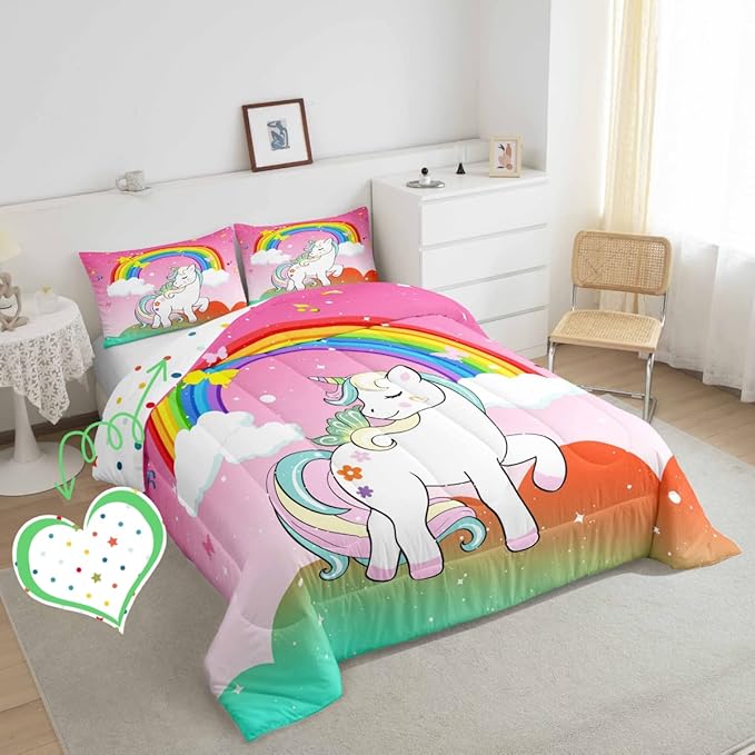Kids Unicorn Bedding Sets King Girls Stars Glittery Comforter Cute Unicorn Quilt Kawaii Cartoon Unicorn Animal Comforter Inner Fill White Unicorn Reversible Bedding Sets & Collections,Orange Green