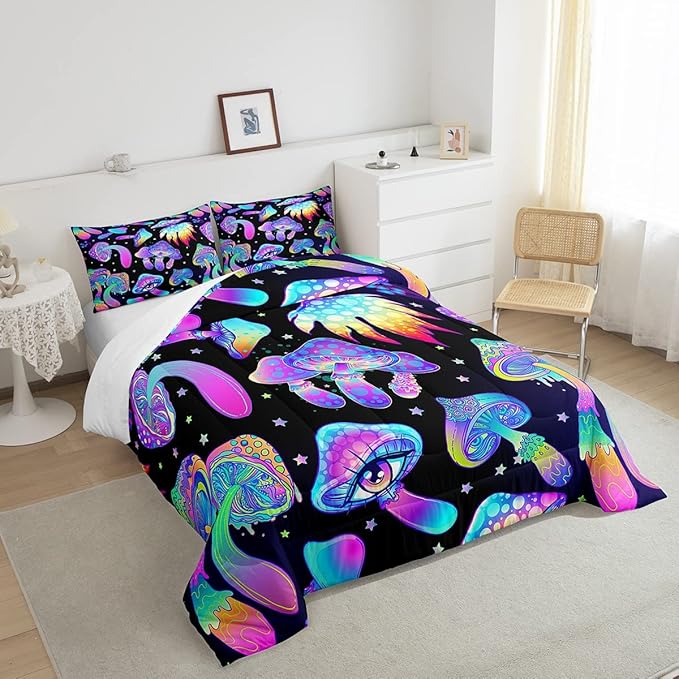 Mushroom Comforter Set Twin,Kawaii Trippy Botanical Bedding Set Psychedelic Plant Down Comforter For Kids Girls Teens Women Cartoon Cute Mushroom Room Decor Quilt Duvet Set With 1 Pillow Case Black