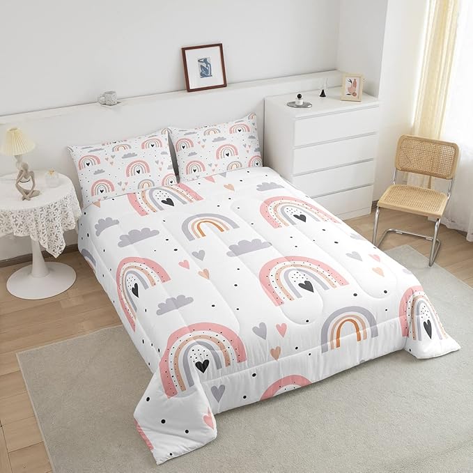 Rainbow King Bedding Sets For Girls, Kawaii Cloud Comforter Set 3 Pieces With 2 Pillow Cases, Pink Love Heart Down Comforter For Kids Boys Women Adult, Hand Drawn Cartoon Rainbow Duvet Insert