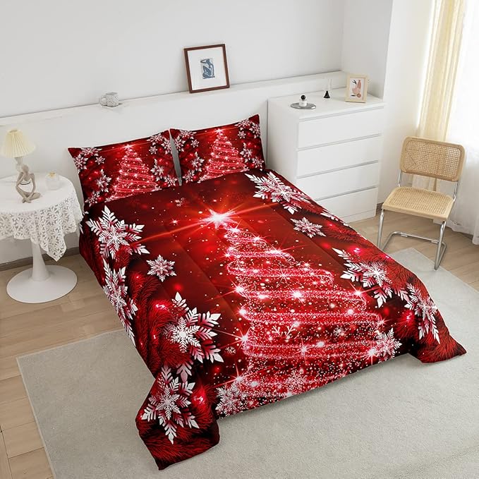 Feelyou Christmas Tree Comforter Set for Children Kids Boys Girls Luxury Chic Xmas Theme Bedding Set Glitter Snowflake Star Comforter Microfiber Red Duvet Set Room Decor Quilt Set Twin Size