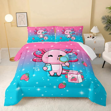 Kawaii Axolotl Comforter,Pink Salamander Comforter Set for Kids Teens Girls,3Pcs Bedding Set Printed Comforter with 2 Pillowcases,Down Alternative,Soft and Lightweight(Pink，Twin Size)