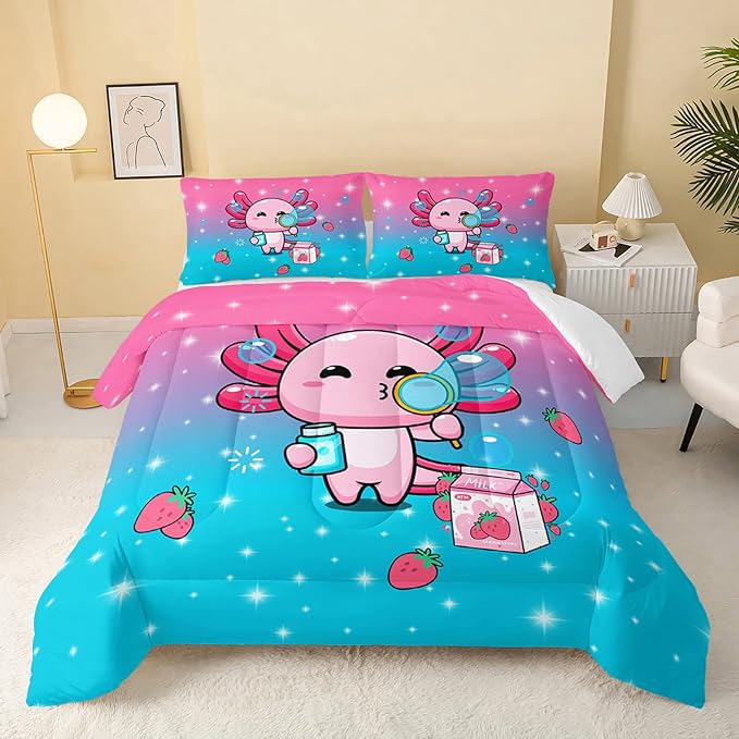 Kawaii Axolotl Comforter,Pink Salamander Comforter Set for Kids Teens Girls,3Pcs Bedding Set Printed Comforter with 2 Pillowcases,Down Alternative,Soft and Lightweight(Pink，King Size)