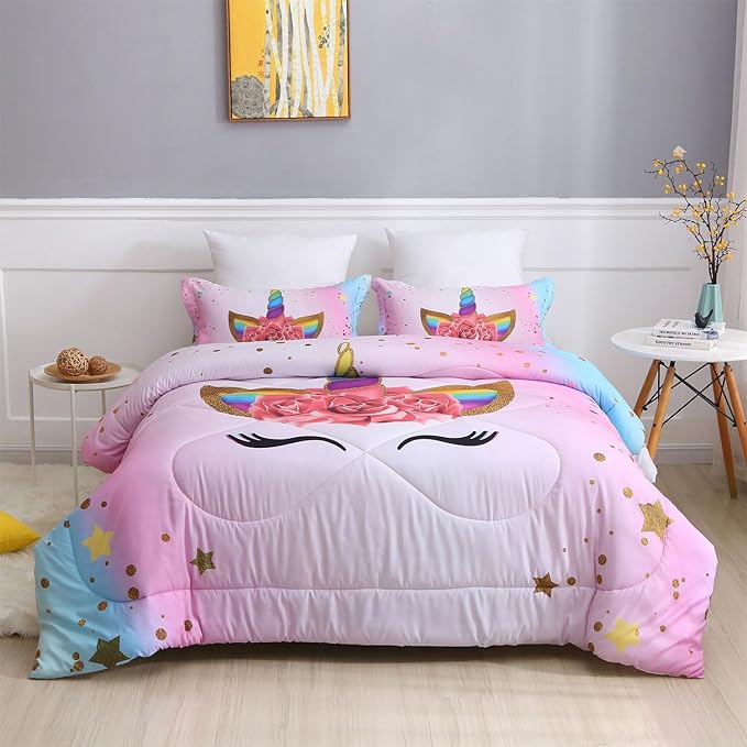 Unicorn Full Bedding Sets for Girls Kids Comforter Set Full Size with 2 Pillowcases Pink and Rainbow Unicorn Room Decor for Girls Bedroom Ultra Soft Machine Washable Toddler Bed Set