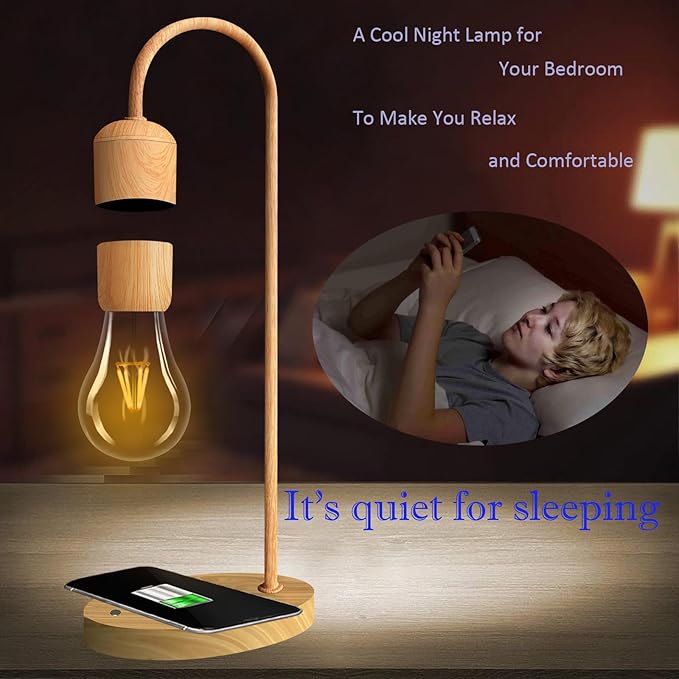 Magnetic Levitating Lamp with Wireless Phone Charging Pad Floating Light Bulb LED Night Light Wood Grain Table Lamp Levitation Desk Lamp for Office Home Decoration Christmas Gift