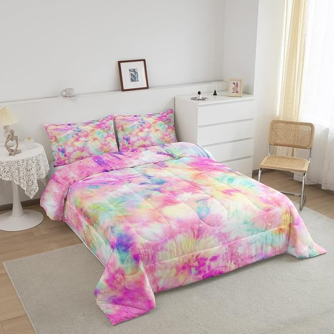 Erosebridal Kids Tie Dye Comforter Set, Bohemian Batik Down Comforter Full Size, Boho Psychedelic Bedding Comforters for Children Girls Boys Teens Bedroom, Trippy Tattoo Watercolor Quilted Duvet