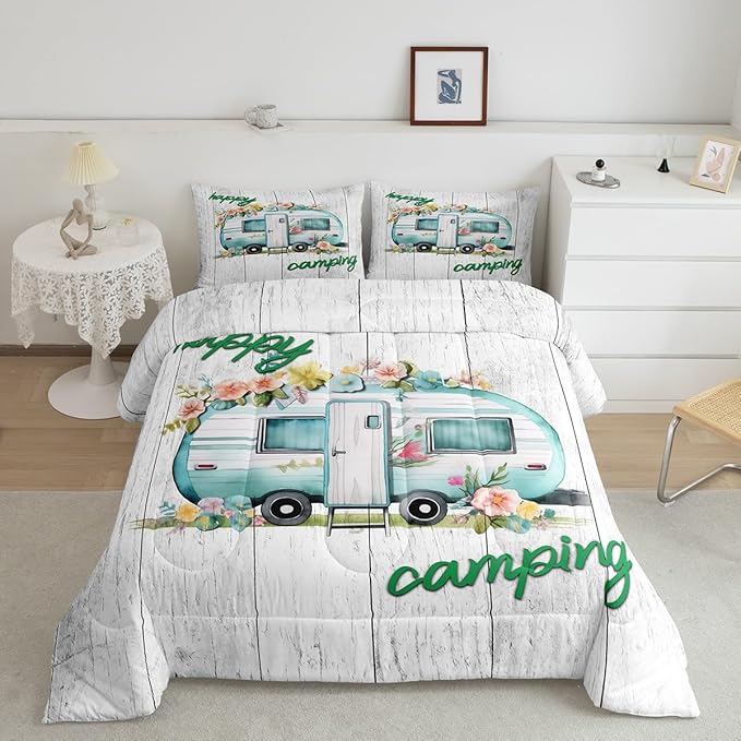 Girls Camper Comforter Set Camping Car Floral Down Comforter Twin Size Rustic Farmhouse Theme Bedding Set Camping Decor Retro Chic Flower Quilted Duvet Old Barn Door Vintage Wooden Style Duvet Set